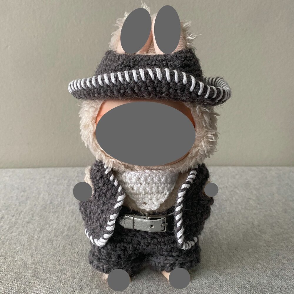 Handmade Crochet Cute Grey White Western Cowboy Outfit for 17cm Doll 5-Piece Set